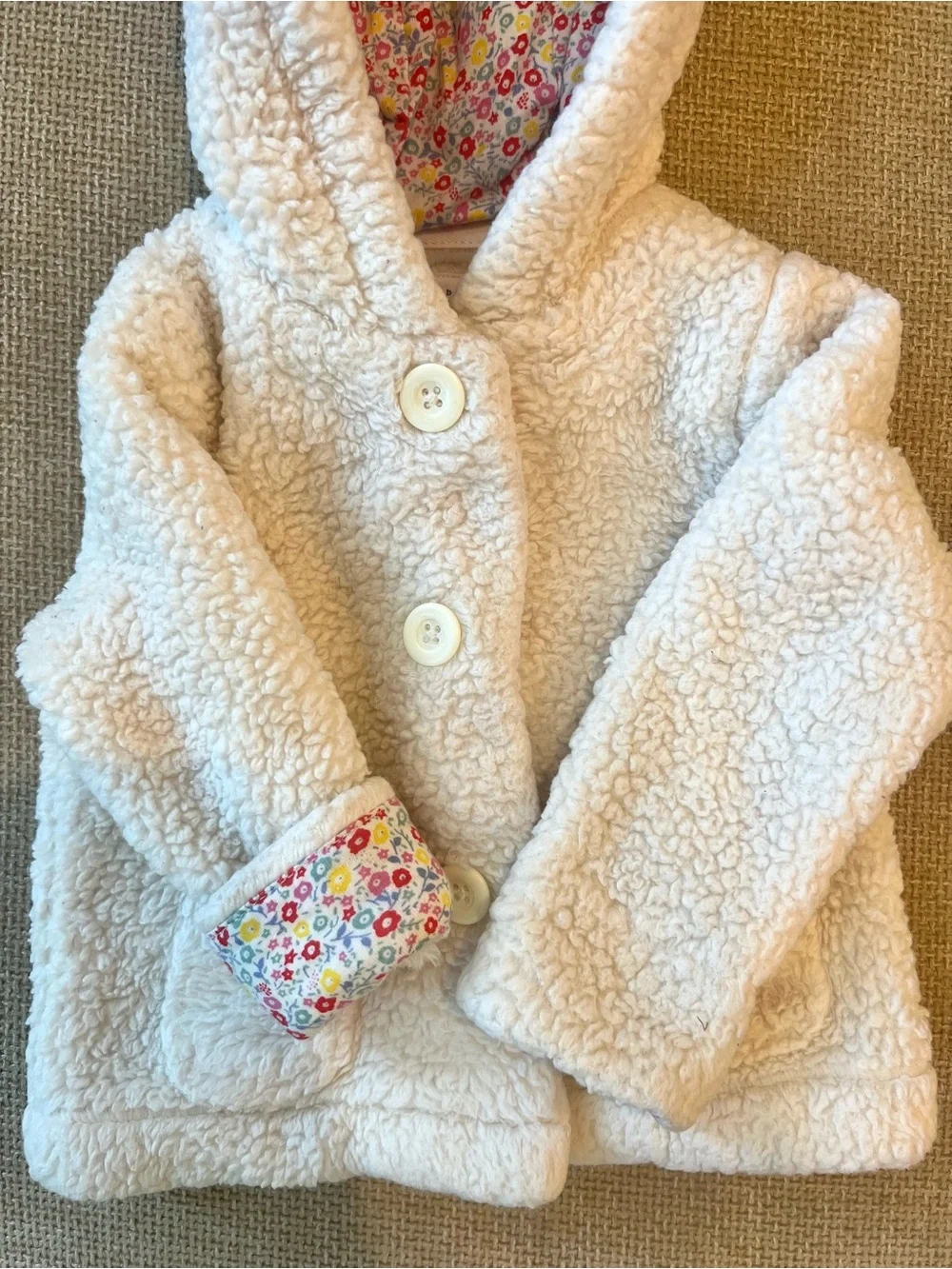 Baby GAP Cream Sherpa Jacket with Floral Cuff Detail and Bear Ears